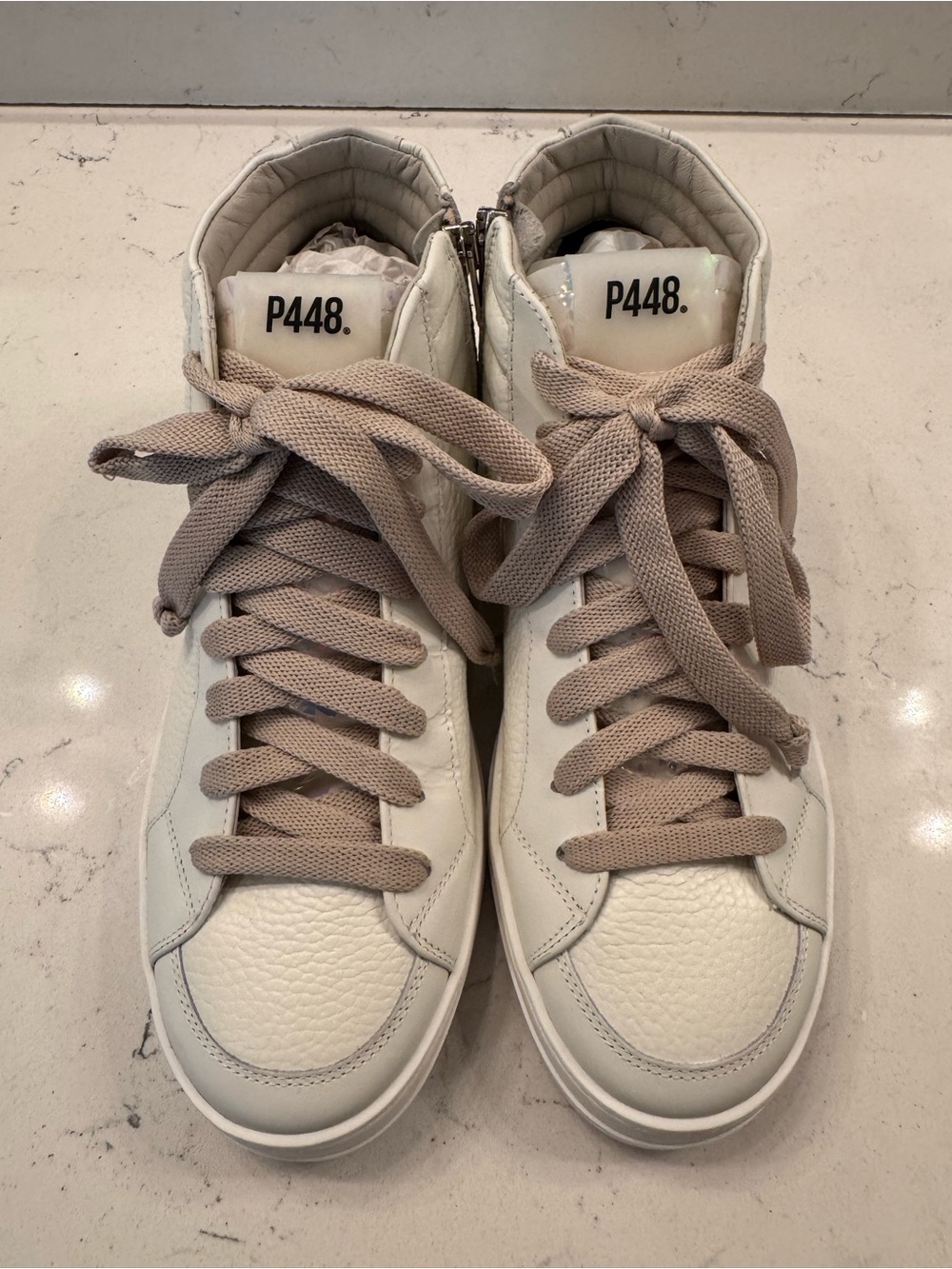 P448 Women’s White High-Top Sneakers with Taupe Laces